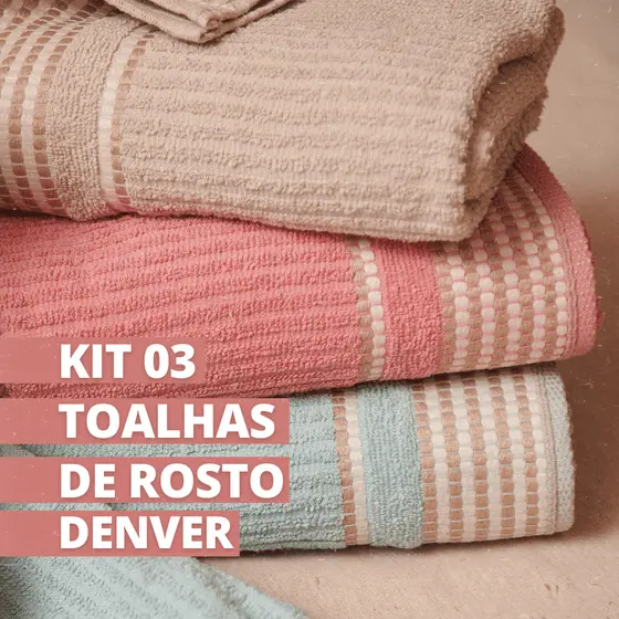 Kit 3 Toalhas de Rosto Tóquio Canelada 100% 48cm x 75cm Algodão Costura Automatica