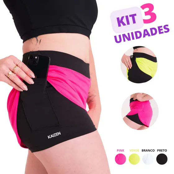 kit 3 Shorts Feminino 2 em 1 De Compressão Perfeita Para Academia, Corrida, Esportes