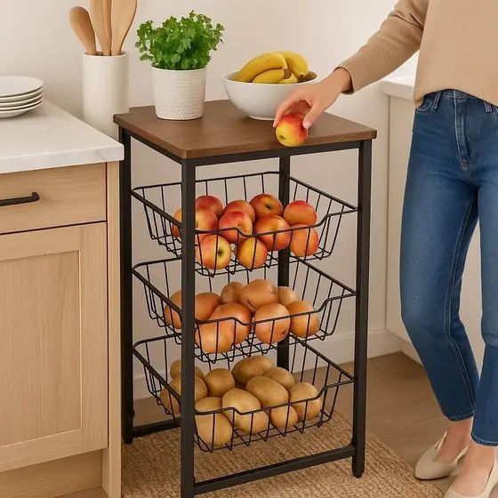 Fruteira De Chão 3 Cestos Deslizante Aço Preto Amadeirado