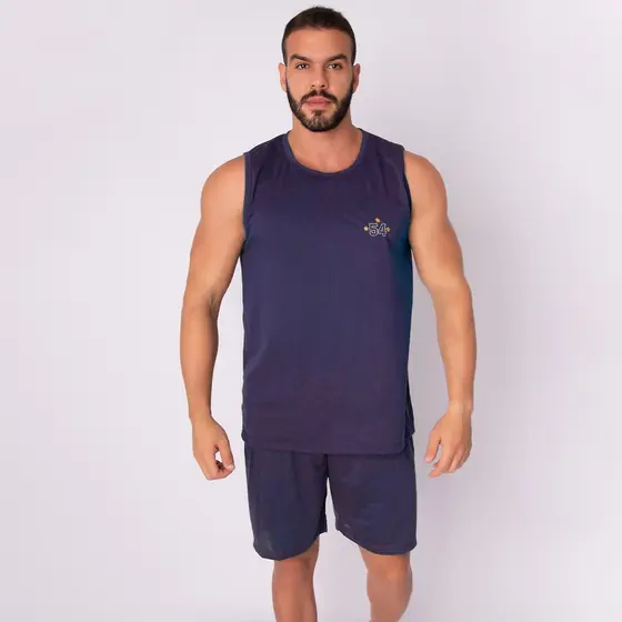 Pijama Masculino Regata Curto Malha Short Liso Básico Adulto Verão Dormir