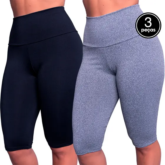 Kit 3 Bermuda Ciclista Lisa Cós Alto Longa Moda Fitness Academia