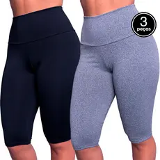 Kit 3 Bermuda Ciclista Lisa Cós Alto Longa Moda Fitness Academia