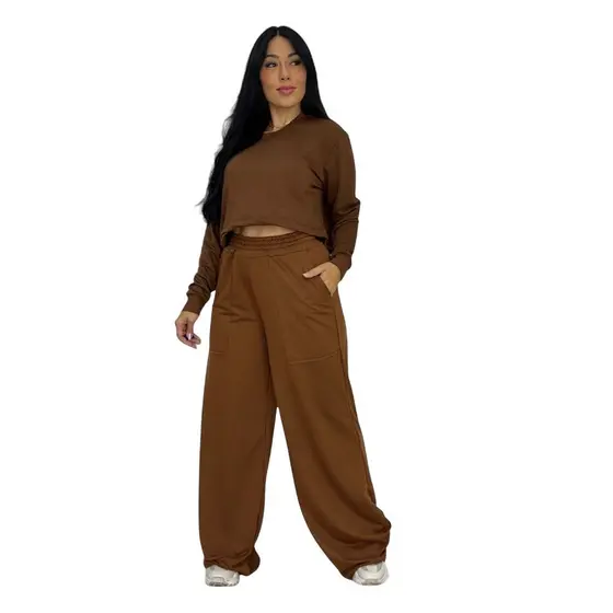 Conjunto Moletinho Blusa com Manga Longa e Calça Wide Leg e Samantha