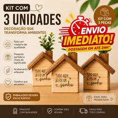 Kit 3 Casinhas Decorativas de Madeira com Vaso | Tudo Aqui Já Foi Um Sonho