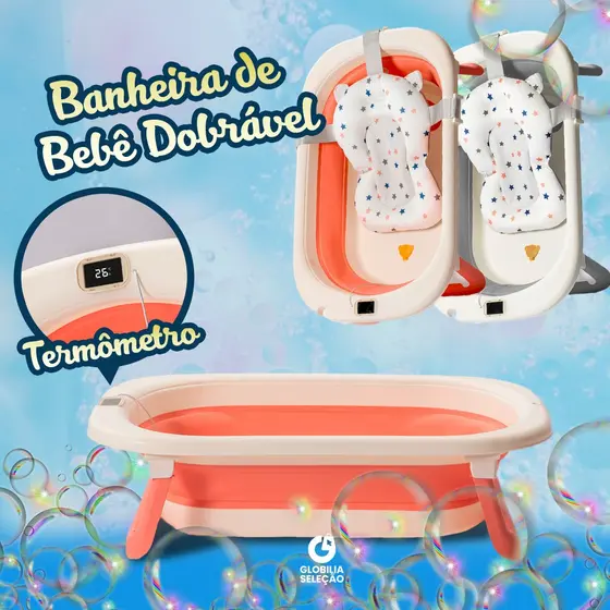 🔥Banheira para Bebê Dobrável Infantil Confortável Segura Com Termômetro Portátil Com Almofada De Banho