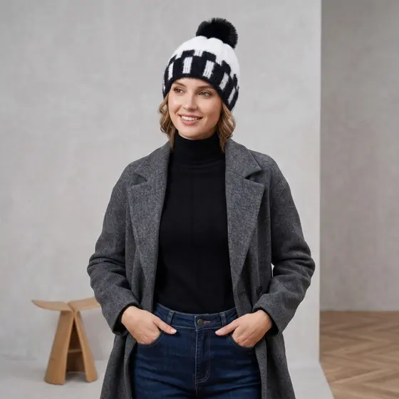 Touca Gorro De Lã Antialérgica Adulto Feminina Forrada De Pelinho com Pompom Inverno FMZ5146