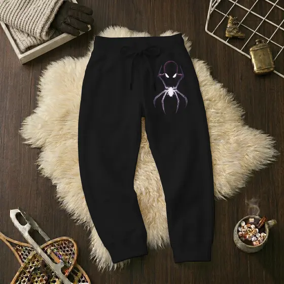 Calças Infantil Jogger Moletom Estampada Aranha Escuro Punho Flanelado Wide Leg Tamanho 6 ao 16