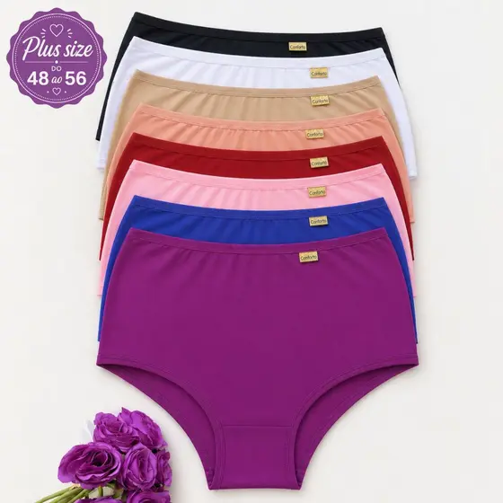 Kit Calcinhas Calçola Senhora Plus Size Hot Pants Conforto Cós Alto Cintura Alta