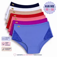 Kit Calcinha Plus Size Cintura Alta Hot Pants Calçola Senhora C/ Renda Conforto