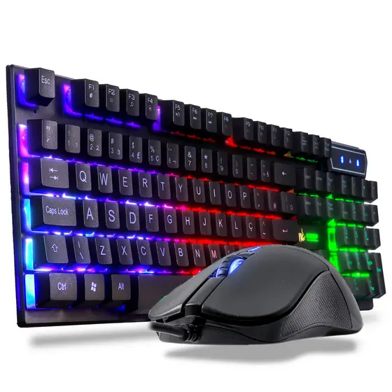 Kit Gamer Teclado LED RGB Teclas Laser + Mouse USB Retro Iluminado 1600DPI Computador Note Jogos
