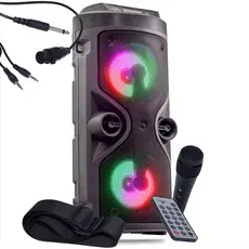 Caixa De Som Amplificada Portátil Bluetooth LED RGB Aux P2 Micro SD USB Radio FM Com Microfone Karaokê