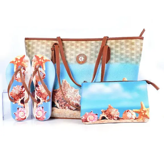 Bolsa Feminina Praia Kit 3 Pecas Bolsa + Chinelo + Nécessaire – Estilo e Praticidade