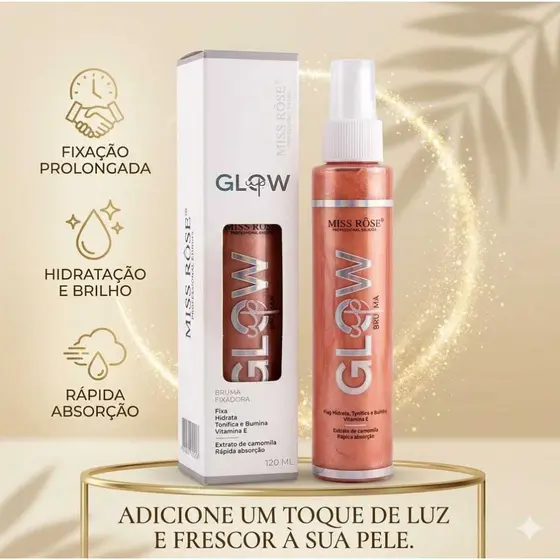 Bruma Iluminadora Glow Miss Rose Bronze 120ml,fixador facial e corpora com camomila e vitamina E