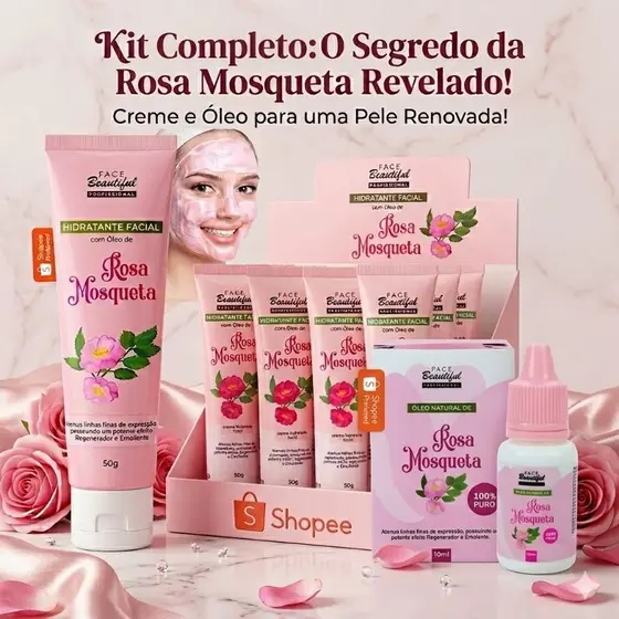 Kit Skincare Creme Hidratante Facial e Óleo De Rosa Mosqueta Antirrugas