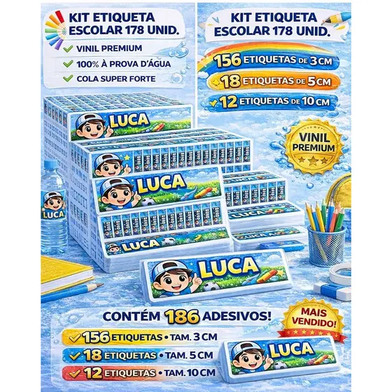 SUPER KIT Etiqueta Escolar Personalizada | Vinil à Prova d’Água – 186 unid. | 100+ Temas Exclusivos