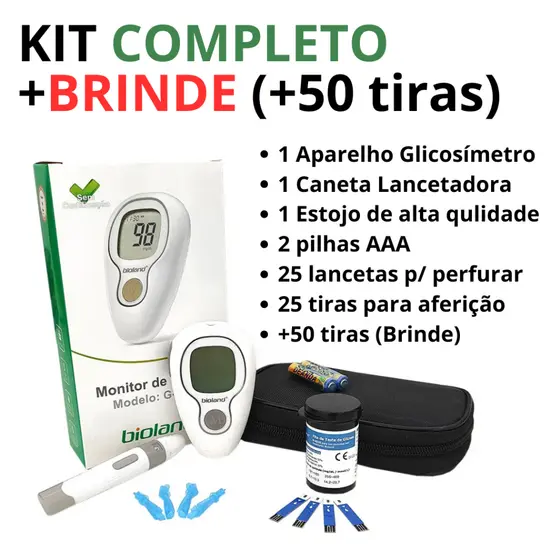 Kit Medidor de Glicose Bioland G-425-3 Completo com Lancetador + 75 Tiras e Acessórios