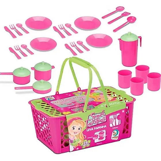 Cesta Leva Papinha 28 Peças Brincando de Casinha Kit Cozinha de Brinquedo Panelinha Cardoso