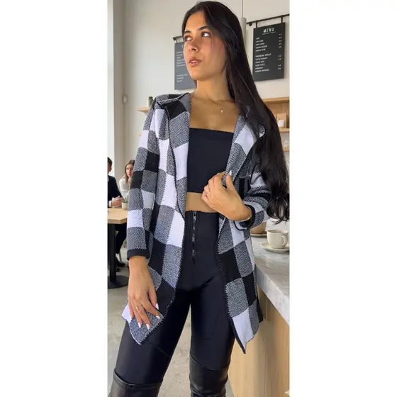 Kimono Casaco Feminino Cardigan Estampa Xadrez Tricô Sobretudo Moda