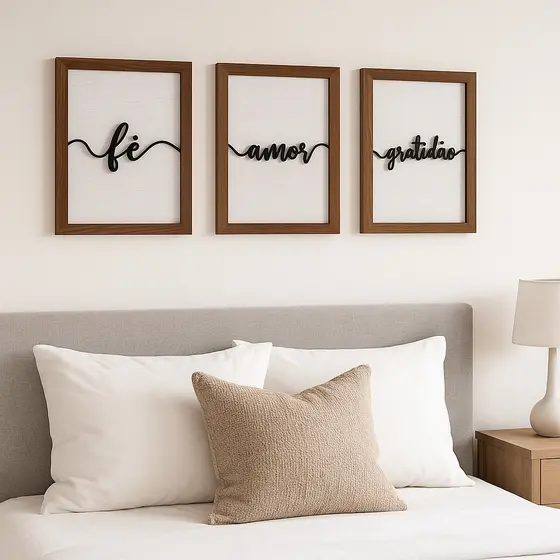 Kit com 3 Quadros MDF com moldura cor Mogno com Palavras Fé Amor Gratidão Decorativas