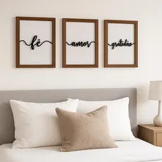 Kit com 3 Quadros MDF com moldura cor Mogno com Palavras Fé Amor Gratidão Decorativas