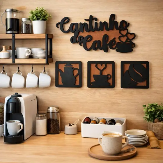 Kit Cantinho do Café 4 Peças 24cm Decoração Cozinha MDF com Dupla Face