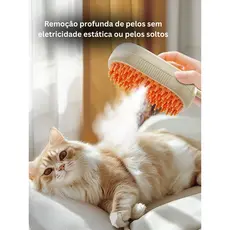 Escova Removedora de Pelos para Pets com Spray/Vapor–Massageador Antiestático para Gatos e Cachorros