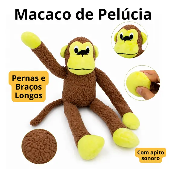 Brinquedo Cachorro Pet Mordedor Macaco Macaquinho Kong de Pelucia com Apitos e Olhos Bordados