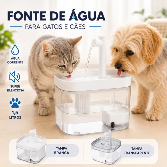 Fonte de Agua para Gatos e Cães Pequenos 1,5L Bebedouro Automático Silenciosa com Filtro e Bomba USB