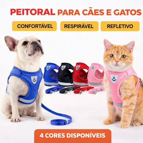 Peitoral Colete com Guia Pet Cachorro Gato Pequeno Porte Ajustável Respirável Refletivo Confortável