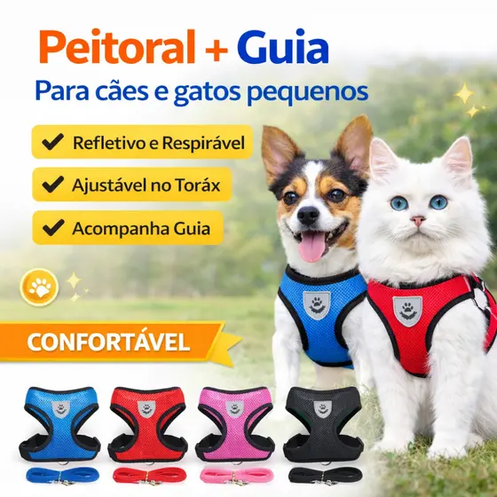 Peitoral com Guia Ajustável Pet Cachorro Gato Coelho Pequeno Confortável Refletivo Respirável