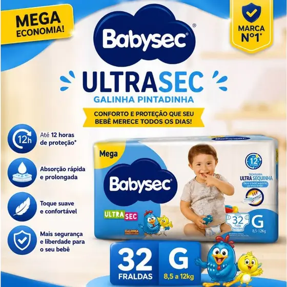 Fralda Babysec Ultrasec G 32un Galinha Pintadinha 12h Proteção Antivazamento Conforto Seco Bebê