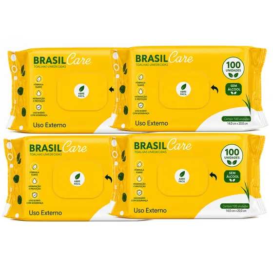 Kit 4 Toalhas Umedecidas Brasil Care 100 Lenços Cada | Limpeza Suave | Sem Álcool | 400 Unidades