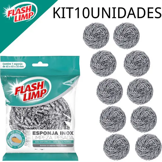 Top Center Online KIT COM 10 ESPONJAS LIMPEZA PESADA INOX Cod.EA1409/10 - FLASH LIMP