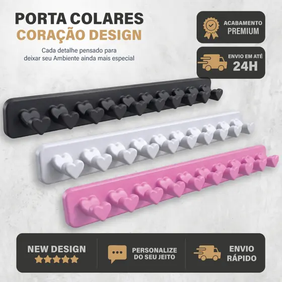 Organizador de Joias Gancho Coração Porta Bijuterias Colares e Pulseiras em 3 Cores com Dupla Face