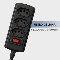 Filtro de Linha 3 Tomadas 1,5 metros protetor contra surtos elétricos DPS 20 Amperes preto Force Line