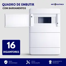 Quadro de distribuição elétrica para 16 disjuntores com barramentos embutir