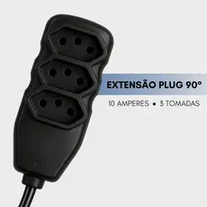Extensão de Energia 10A Bivolt 110/220V plug 90 graus 1 metro preto durável tripolar resistente