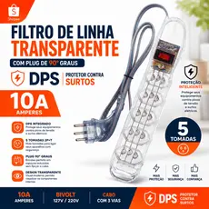 Filtro de Linha 5 Tomadas DPS Transparente protetor contra surtos elétricos 1 metro Plug 90 Graus