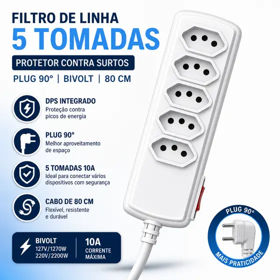 Filtro de linha branco 5 tomadas Proteção contra Surtos Elétricos DPS para PC plug 90 graus 10 Amperes
