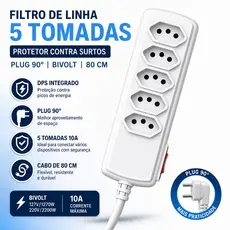 Filtro de linha branco 5 tomadas Proteção contra Surtos Elétricos DPS para PC plug 90 graus 10 Amperes