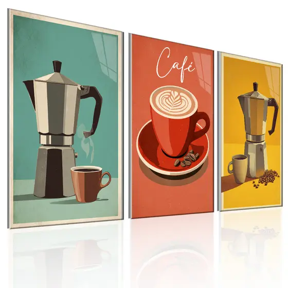 Quadros Decorativos 3 Peças Cafeteira Italiana Xícara de café moderna Casa Sala Quarto Decoração Parede