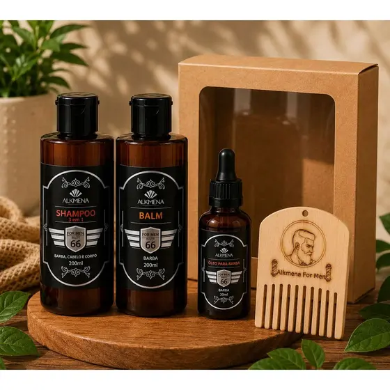 Kit Balm, Óleo para Barba, Shampoo 3x1 e Pente de Madeira para barba For Men - Alkmena M-02