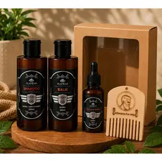 Kit Balm, Óleo para Barba, Shampoo 3x1 e Pente de Madeira para barba For Men - Alkmena M-02