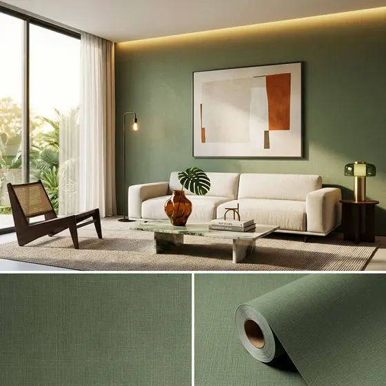 Papel De Parede Para quarto sala casa adesivo Linho Verde Texturizado Lavável 3d