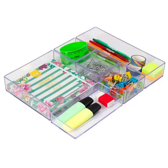 Organizador de gavetas ou mesa multiuso modular cor cristal kit 06 peças resistente porta objetos