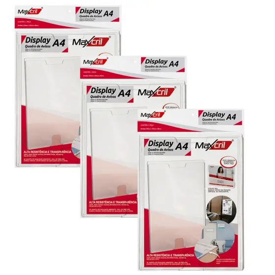 Display acrilico porta folhas A4 office Maxcril kit 03 unidades com dupla face parede avisos Waleu