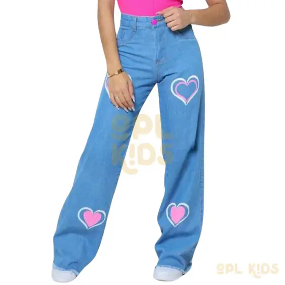 Calça Jeans Infantil Menina Wide Leg Coração Pantalona Destroyed Mom