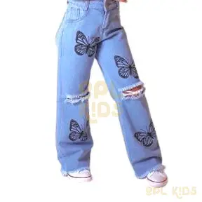 Calça Jeans Wide Leg Mom Cargo Pantalona Destroyed Desenho Infantil Menina feminina