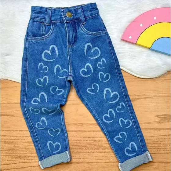 Calça Jeans Mom Infantil Menina Coração Feminina Juvenil