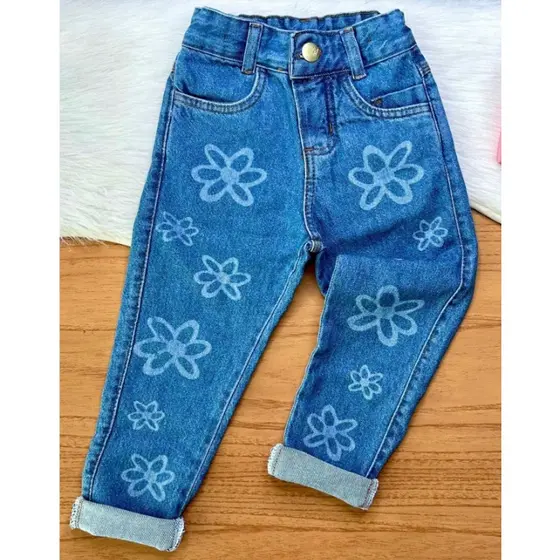 Calça Jeans Mom Flor Infantil Menina Flor Coração Feminina